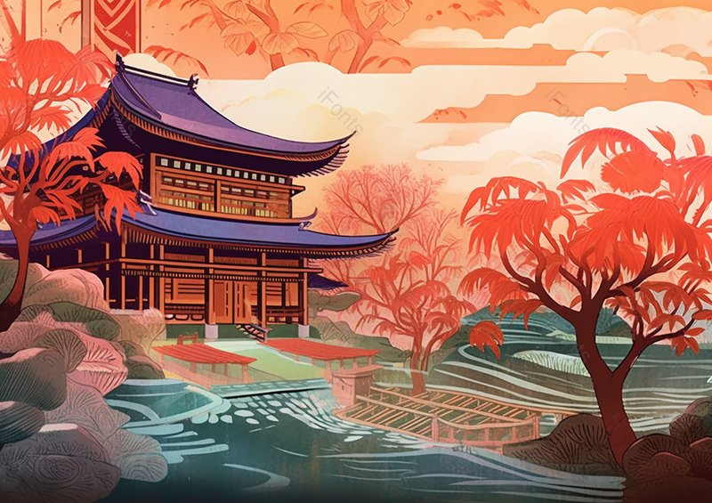 中国风国潮新中式秋季时节古风建筑红色的树木室外无人的场景背景插画,插画/手绘图,插画/手绘图库,插画/手绘图下载,插画/手绘